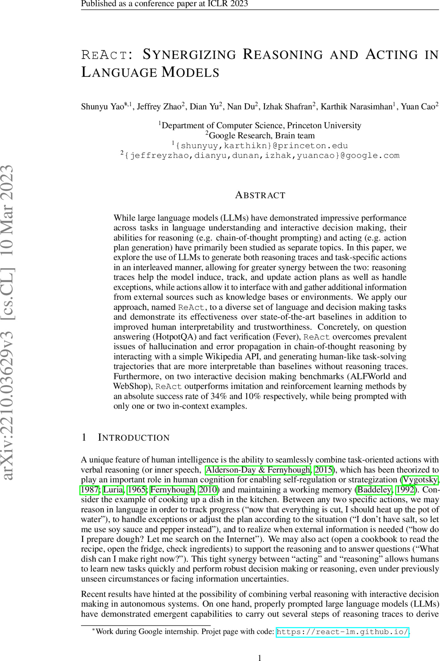 The ReAct paper, first posted October 2022 (ICLR 2023).