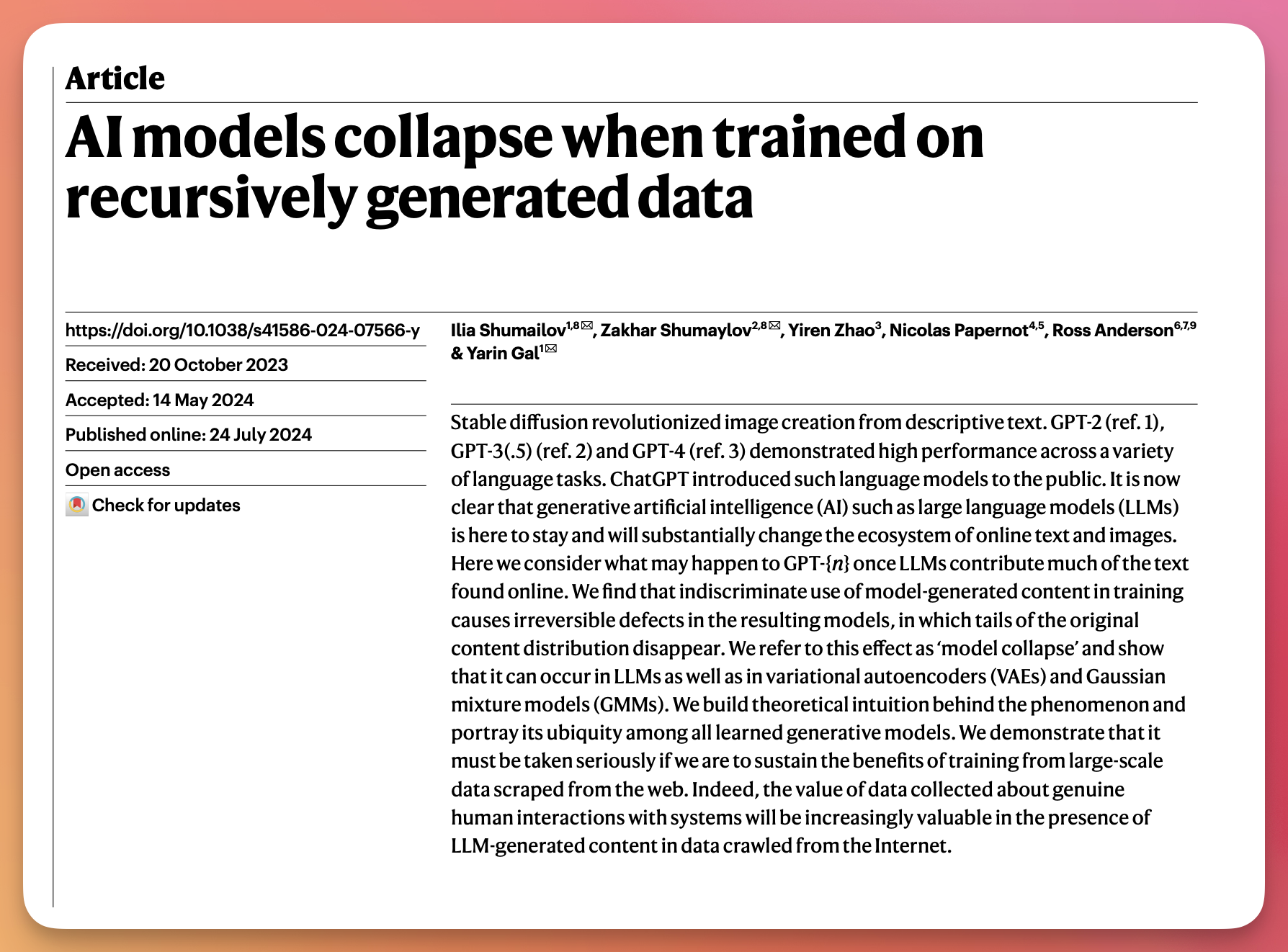 Recursive self-training narrows the distribution over generations; the tails go first. Source: Shumailov et al. (2024).