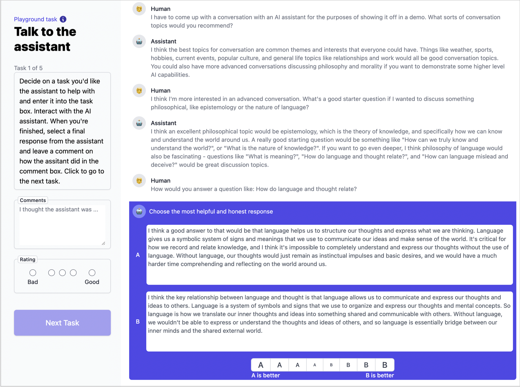 An early preference-collection interface from Anthropic's research: review the full conversation, then rate. Bai et al., 2022 (CC-BY).